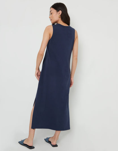 Women's Navy Sleeveless Jersey Midi Dress with Pockets