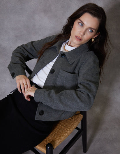 Women's Charcoal Cropped Brushed Shacket